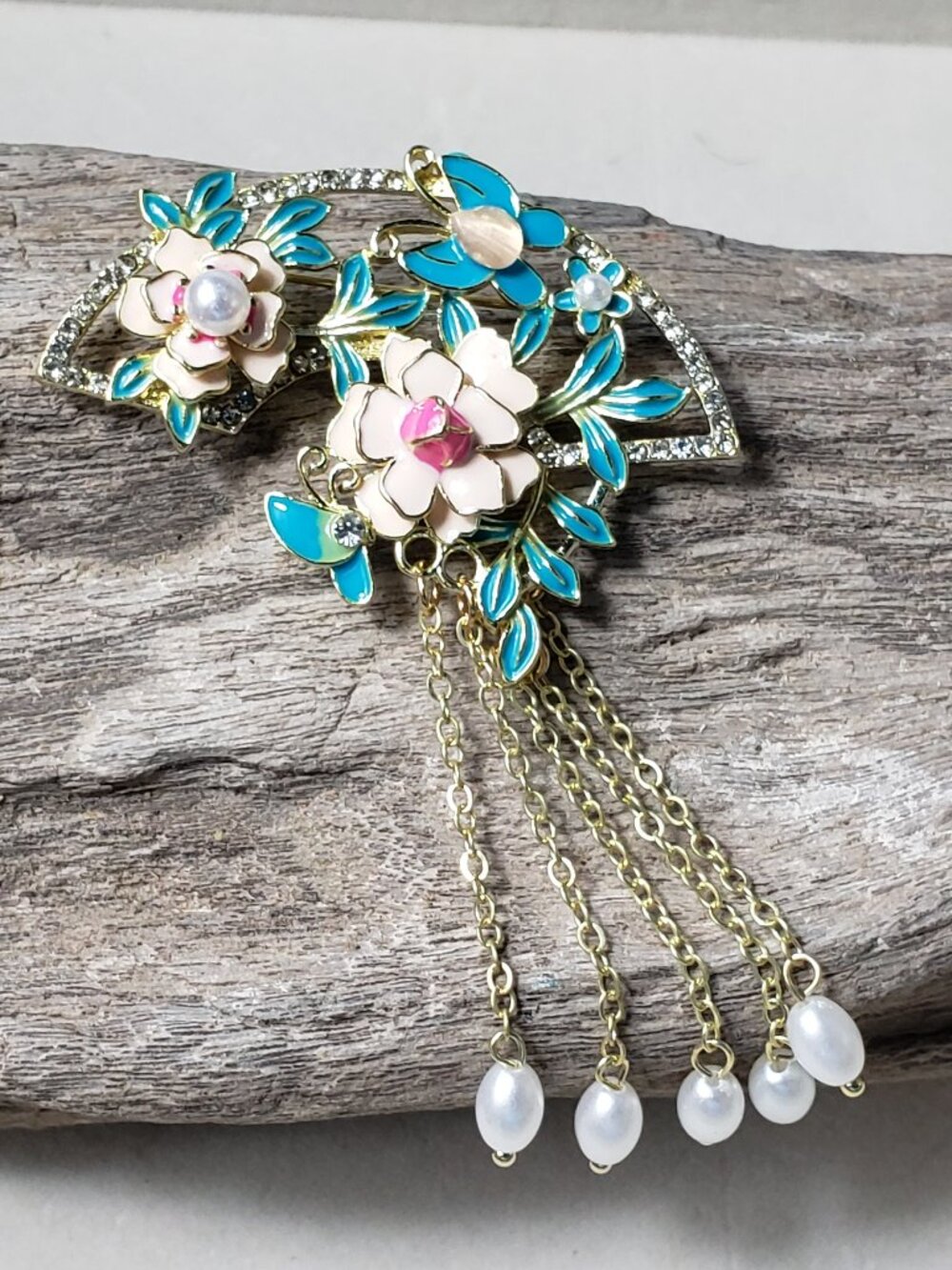 Beautiful Asian Inspired Enamel Fan Brooch Pink Blue Faux Pearl Tassel Flowers